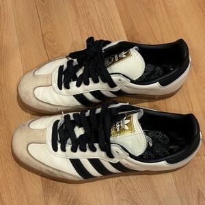 Adidas White and Black Sambas with Gold Accents